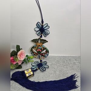 Chinese Blue Knot Blessings Tassel Hanging Decor Metal & Enamel Long Life 44”